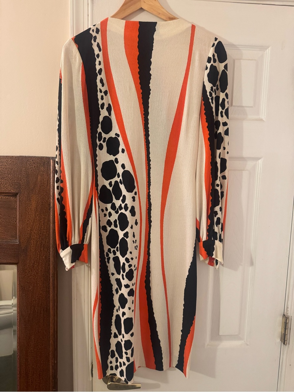 Ivory, Black & Orange Patterned Long-Sleeve Dress